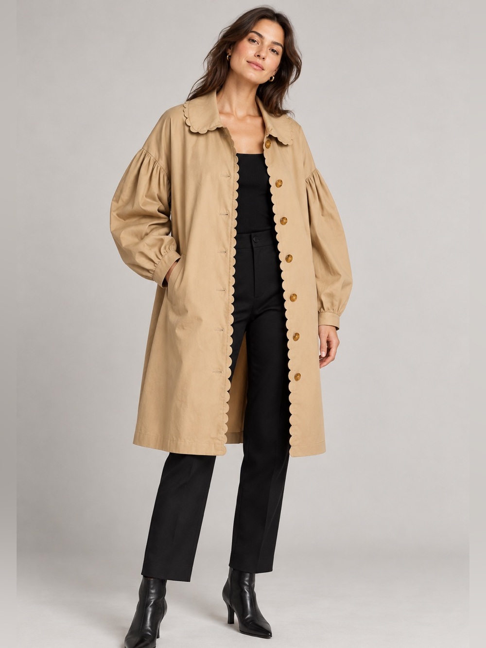 Kika Vargas Target Trench Coat Jacket Women's Large Scallop Edge Coat Tan Long G